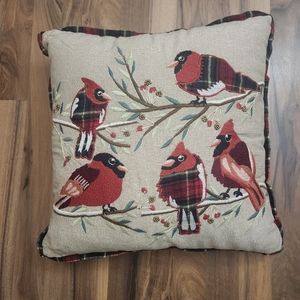 Pier 1 Christmas Embroidered Birds Red Plaid Cardinals 16.5-inch Throw Pillow